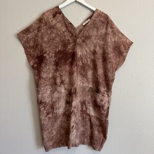 Grade & Gather Tie Dye Linen Blend Oversized Cocoon Tunic Dress W/Front Pockets